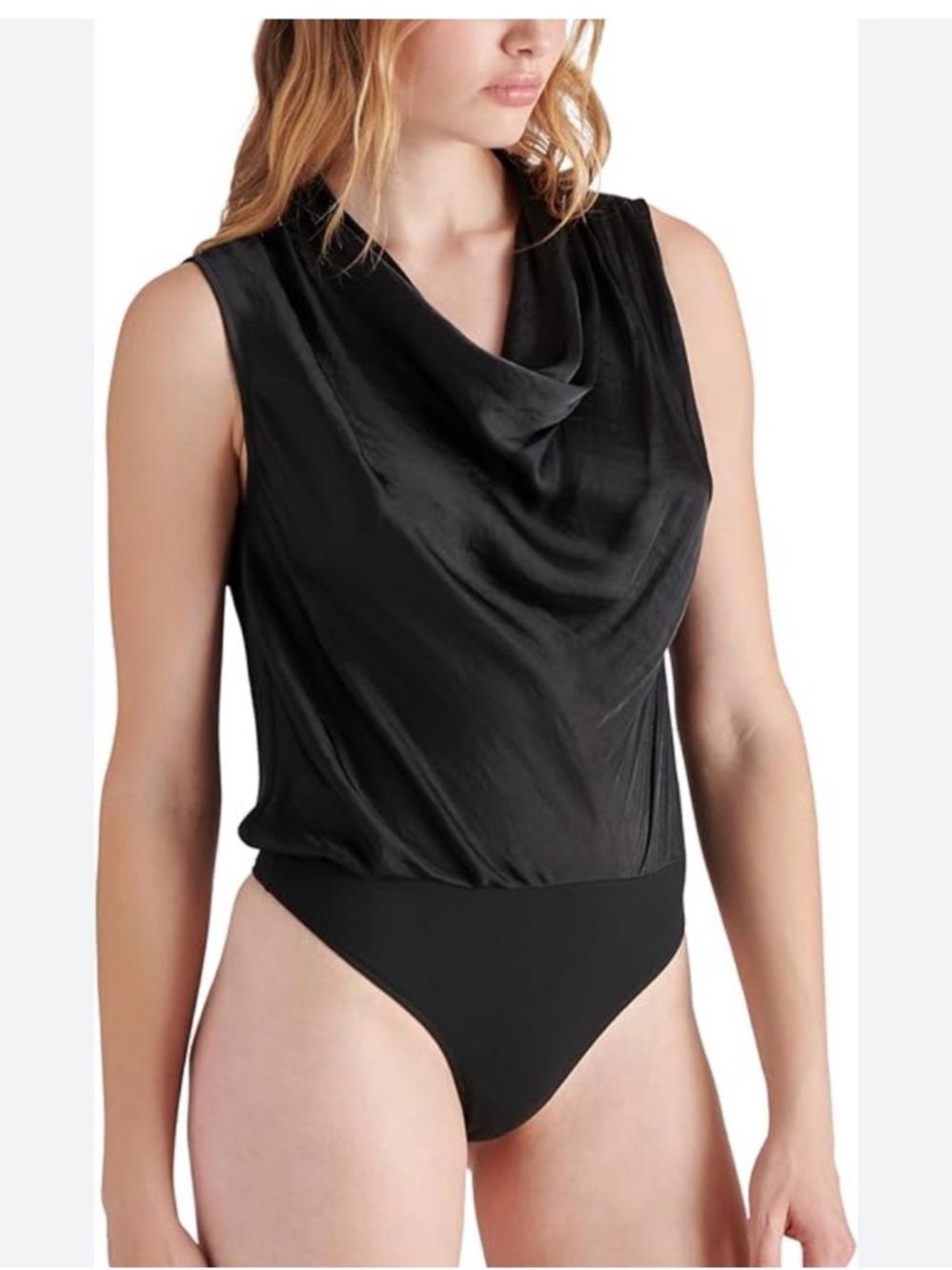 Cider Black Sleeveless Bodysuit with Cowl Neck